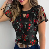 Aiertu Summer Women Shirts Elegant Butterfly Short Sleeves Blouse Ruffle Tops Solid Hollow Out Loose Floral Embroidery Casual Lady Tops Aiertu
