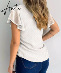 Aiertu Summer Women Shirts Elegant Butterfly Short Sleeves Blouse Ruffle Tops Solid Hollow Out Loose Floral Embroidery Casual Lady Tops Aiertu