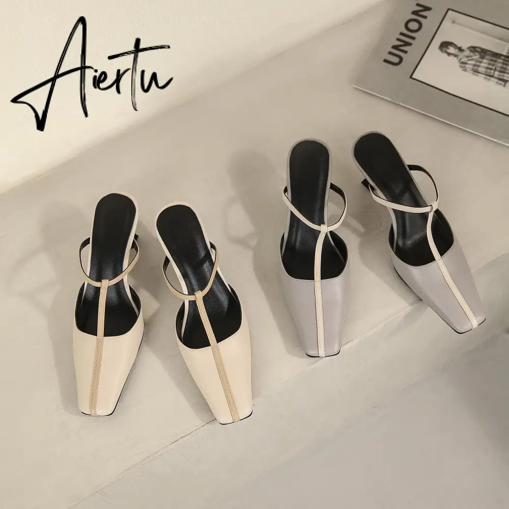 Aiertu Summer Women Shoes Cow Leather Shoes for Women Square Toe Chunky Heel High Heels Retro Women Sandals Elegant Party Shoes Aiertu