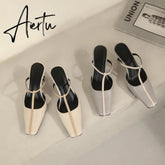 Aiertu Summer Women Shoes Cow Leather Shoes for Women Square Toe Chunky Heel High Heels Retro Women Sandals Elegant Party Shoes Aiertu