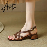 Aiertu Summer Women Shoes Open Toe Chunky Heel Women Sandals Split Leather High Heels Narrow Band Shoes Handmade Shoes for Women Aiertu