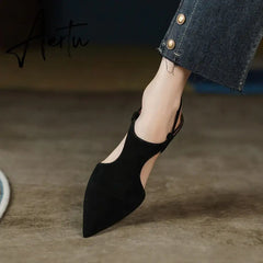Aiertu Summer Women Shoes Pointed Toe Thin Heel Sandals Solid High Heels Elegant Sheep Suede Leather Shoes for Women Party Shoes Aiertu
