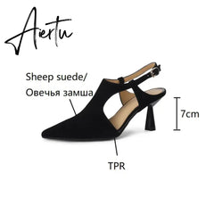 Aiertu Summer Women Shoes Pointed Toe Thin Heel Sandals Solid High Heels Elegant Sheep Suede Leather Shoes for Women Party Shoes Aiertu