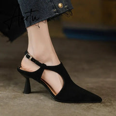 Aiertu Summer Women Shoes Pointed Toe Thin Heel Sandals Solid High Heels Elegant Sheep Suede Leather Shoes for Women Party Shoes Aiertu