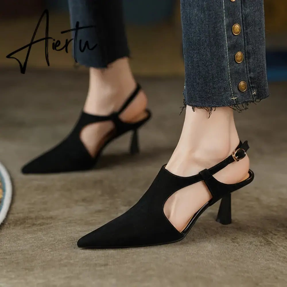 Aiertu Summer Women Shoes Pointed Toe Thin Heel Sandals Solid High Heels Elegant Sheep Suede Leather Shoes for Women Party Shoes Aiertu