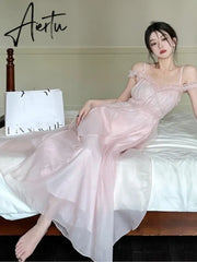 Aiertu Summer Women Sweet Pink Fairy Chiffon Midi Dress Korean Elegant One-piece A-Line Vestidos Female Clothing Aiertu