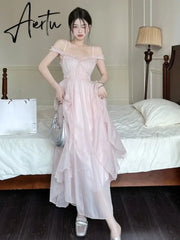 Aiertu Summer Women Sweet Pink Fairy Chiffon Midi Dress Korean Elegant One-piece A-Line Vestidos Female Clothing Aiertu