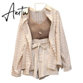 Aiertu Summer Women Three Piece Sets Casual Linen Plaid Long Sleeve Tops + Elastic Waist Belt Wide Leg Shorts Vest Suits Aiertu