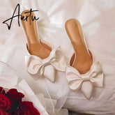 Aiertu Summer Women's Slippers Bowknot Cat Heel Low Heel Mid Heel Pointed Toe Shoes Slippers High Heels Aiertu