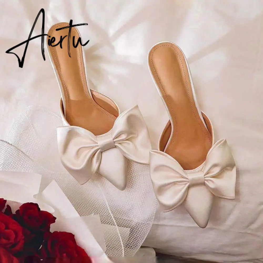 Aiertu Summer Women's Slippers Bowknot Cat Heel Low Heel Mid Heel Pointed Toe Shoes Slippers High Heels Aiertu