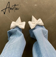 Aiertu Summer Women's Slippers Bowknot Cat Heel Low Heel Mid Heel Pointed Toe Shoes Slippers High Heels Aiertu