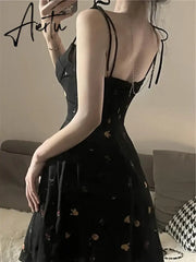 Aiertu Summer Y2K Retro Floral Spaghetti Strap Bow Black Dress Mini Fashion Aesthetic Club Party Sexy Dresses for Women A-line Sundress Aiertu