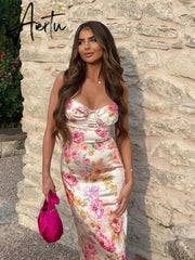 Aiertu Suninheart Summer Spaghetti Strap Floral Print Party Dresses Elegant Maxi Bodycon Wedding Guest Holiday Dress New In Dress Aiertu