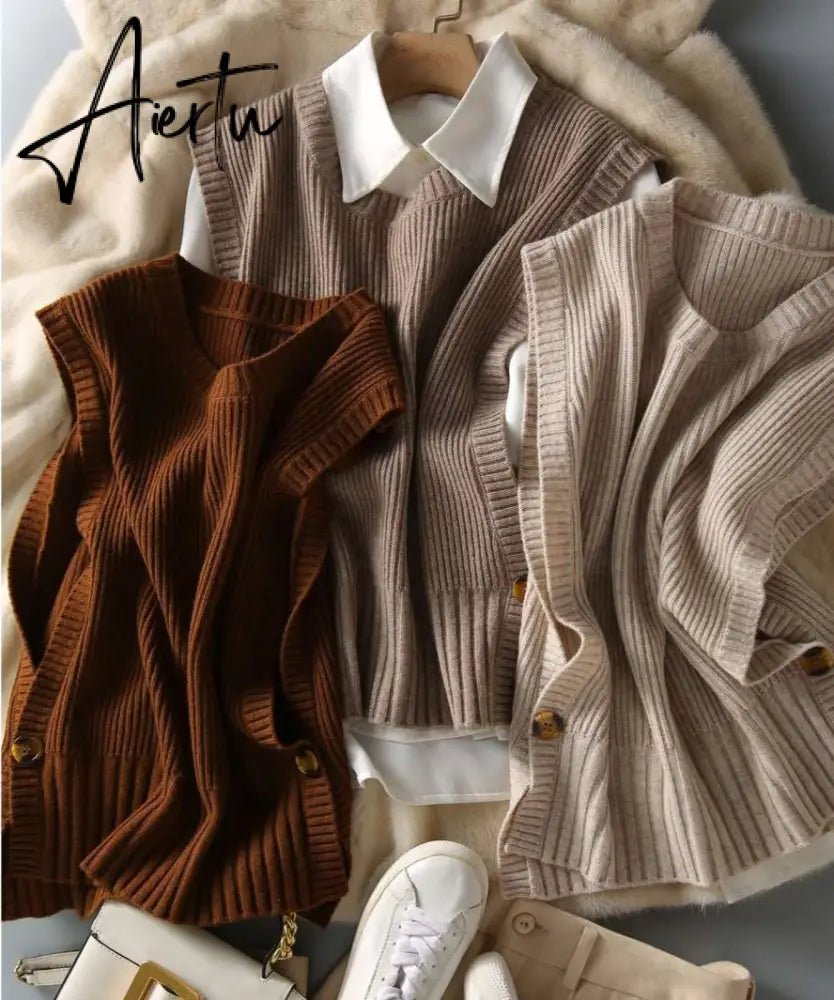 Aiertu Sweater Vest Women O-neck Solid Autumn Fashionable Button Chic Design Female Leisure Knitwear Preppy Style New Arrival Soft Cozy Aiertu