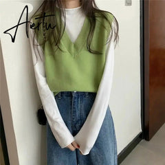 Aiertu Sweater Vest Women Solid Autumn Winter All-match Leisure Outerwear Knitted V-Neck Sleeveless Female Elegant Chic Simple Harajuku Aiertu