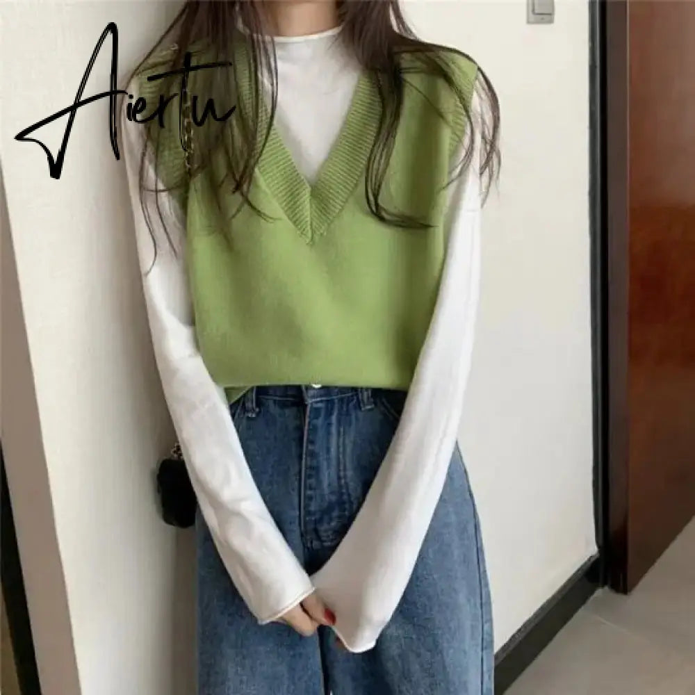 Aiertu Sweater Vest Women Solid Autumn Winter All-match Leisure Outerwear Knitted V-Neck Sleeveless Female Elegant Chic Simple Harajuku Aiertu