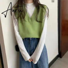 Aiertu Sweater Vest Women Solid Autumn Winter All-match Leisure Outerwear Knitted V-Neck Sleeveless Female Elegant Chic Simple Harajuku Aiertu