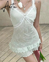 Aiertu Sweet Cute Patchwork Lace Ruffles A-Line Dress Holiday Sexy Slim V-Neck Sleeveless Mini Dresses For Women Summer Aiertu