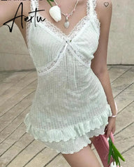 Aiertu Sweet Cute Patchwork Lace Ruffles A-Line Dress Holiday Sexy Slim V-Neck Sleeveless Mini Dresses For Women Summer Aiertu