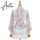 Aiertu Sweet Patchwork Lace Set For Women Stand Collar Long Sleeve Shirt High Waist Skirt Print Sets Female Fashion New Aiertu