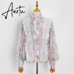 Aiertu Sweet Patchwork Lace Set For Women Stand Collar Long Sleeve Shirt High Waist Skirt Print Sets Female Fashion New Aiertu