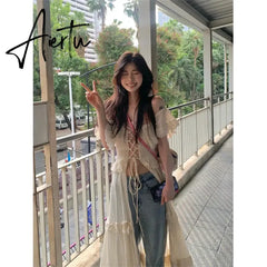 Aiertu Sweet Ruffles Dress Women Y2K Slash Neck Bandage Robe Vintage Streetwear Hollow Out Dresses Korean Tunic Maxi Vestidos New Aiertu