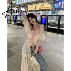 Aiertu Sweet Ruffles Dress Women Y2K Slash Neck Bandage Robe Vintage Streetwear Hollow Out Dresses Korean Tunic Maxi Vestidos New Aiertu