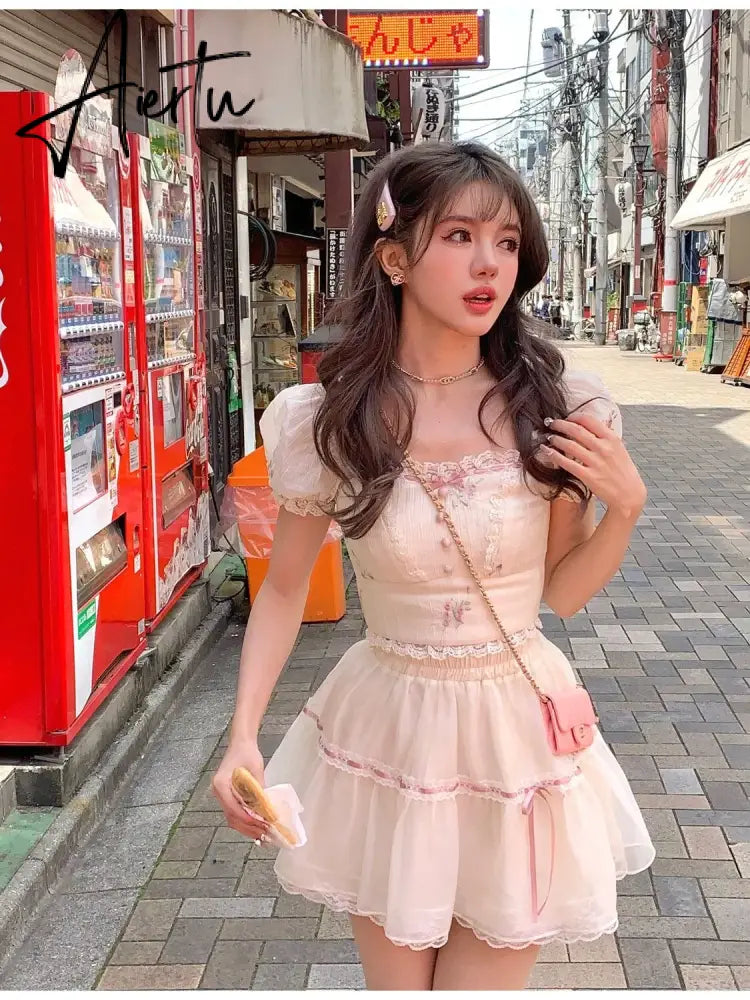 Aiertu Sweet Square Neck 2 Piece Dress Set Women Summer Short Sleeve Y2k Crop Tops + Casual Mini Skirt Korean Fashion Female Suit Aiertu