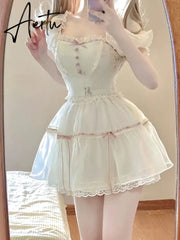 Aiertu Sweet Square Neck 2 Piece Dress Set Women Summer Short Sleeve Y2k Crop Tops + Casual Mini Skirt Korean Fashion Female Suit Aiertu