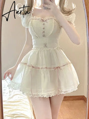 Aiertu Sweet Square Neck 2 Piece Dress Set Women Summer Short Sleeve Y2k Crop Tops + Casual Mini Skirt Korean Fashion Female Suit Aiertu