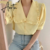 Aiertu Sweet White Chiffon Blouse Women Ruffle Elegant Button Women Shirt Tops Summer Chic Puff Sleeve Blouses Woman Blusas Aiertu
