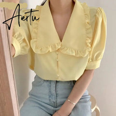 Aiertu Sweet White Chiffon Blouse Women Ruffle Elegant Button Women Shirt Tops Summer Chic Puff Sleeve Blouses Woman Blusas Aiertu