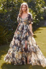 Aiertu Sweetheart Neck Prom Dresses A-line Organza Puffy Short Sleeves Chapel Train Edge Curl Cocktail Party Aiertu