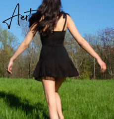 Aiertu Sweetown Dark Academia Gothic Dresses Women Chiffon Ruffles Black E Girl Clothes Sleeveless V Neck Lace Up Mini Dress Summer Aiertu