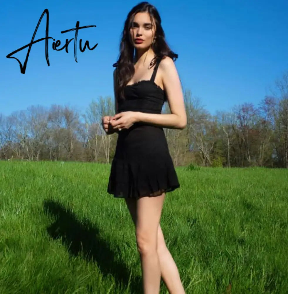 Aiertu Sweetown Dark Academia Gothic Dresses Women Chiffon Ruffles Black E Girl Clothes Sleeveless V Neck Lace Up Mini Dress Summer Aiertu