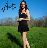 Aiertu Sweetown Dark Academia Gothic Dresses Women Chiffon Ruffles Black E Girl Clothes Sleeveless V Neck Lace Up Mini Dress Summer Aiertu
