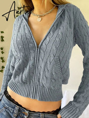 Aiertu Solid Twist Floral Knitted Cardigan Hoodies Women New Sweaters Autumn Winter Long Sleeve Casual Jackets Hooded Knitwear Aiertu