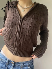Aiertu Solid Twist Floral Knitted Cardigan Hoodies Women New Sweaters Autumn Winter Long Sleeve Casual Jackets Hooded Knitwear Aiertu