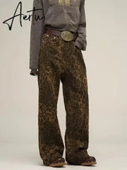 Aiertu Tan Leopard Jeans Women Denim Pants Female Oversize Wide Leg Trousers Streetwear Hip Hop Vintage Clothes Loose Casual Aiertu