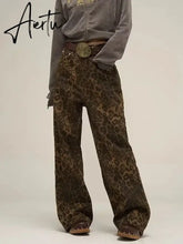 Aiertu Tan Leopard Jeans Women Denim Pants Female Oversize Wide Leg Trousers Streetwear Hip Hop Vintage Clothes Loose Casual Aiertu