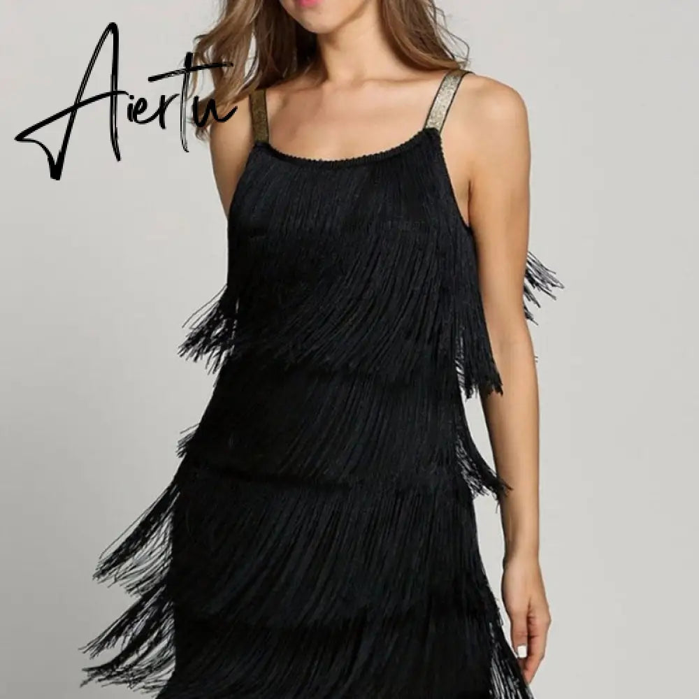 Aiertu Tassel Dress Women Sexy Summer Flapper Beach Dress Strap Low Cut Black Silver White Short Fringe Party Dresses A-005 Aiertu