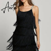 Aiertu Tassel Dress Women Sexy Summer Flapper Beach Dress Strap Low Cut Black Silver White Short Fringe Party Dresses A-005 Aiertu