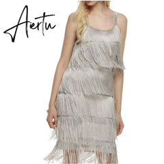 Aiertu Tassel Dress Women Sexy Summer Flapper Beach Dress Strap Low Cut Black Silver White Short Fringe Party Dresses A-005 Aiertu