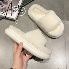 Aiertu Thick Fluffy Fur Slippers New Women Winter House Warm Furry Slippers Women Flip Flops Home Slides Flat Indoor Floor Shoes Aiertu