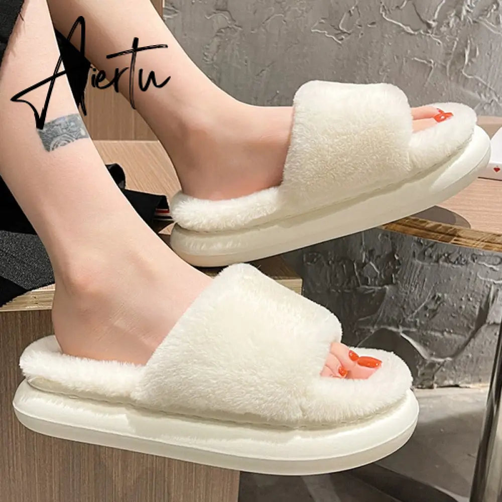 Aiertu Thick Fluffy Fur Slippers New Women Winter House Warm Furry Slippers Women Flip Flops Home Slides Flat Indoor Floor Shoes Aiertu