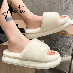 Aiertu Thick Fluffy Fur Slippers New Women Winter House Warm Furry Slippers Women Flip Flops Home Slides Flat Indoor Floor Shoes Aiertu