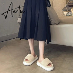 Aiertu Thick Fluffy Fur Slippers New Women Winter House Warm Furry Slippers Women Flip Flops Home Slides Flat Indoor Floor Shoes Aiertu