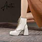 Aiertu Thick Heel Boots Autumn Winter New Fashion Side Zipper Lace Non-slip Waterproof Platform Thick-soled Women's Boots ANKLE Aiertu
