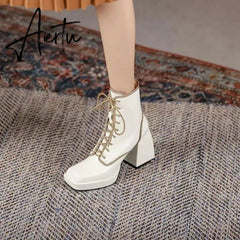 Aiertu Thick Heel Boots Autumn Winter New Fashion Side Zipper Lace Non-slip Waterproof Platform Thick-soled Women's Boots ANKLE Aiertu