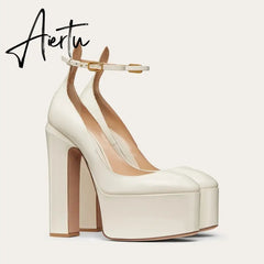 Aiertu Thick Sole Leather Pumps Women Super High Heel Rome Sandals Summer Fashion Week Bride Shoes Platform Wedding Party Shoes Mujer Aiertu